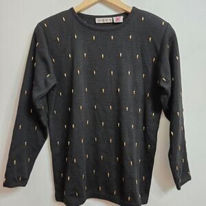 Liz Claiborne Vtg Black Wool Knit Sweater M Whimsigoth Gold Beaded Embellished